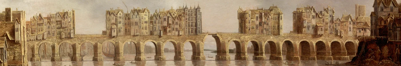 Detalje af Old London Bridge på 1632 oliemaleri Udsigt over London Bridge