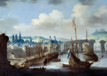 Udsigt over byen Rouen. Skibene ligger fortøjet ved Seines bredder.