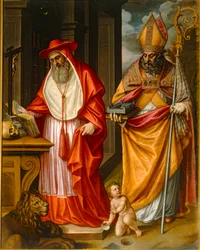 De hellige Hieronymus og Augustinus af Hippo, kirkefædre, med en model af Escorial ...