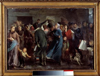 Køen foran slagterbutikken. De sultne indbyggere i Paris venter på deres tur hos slagteren under krigen i 1870 - 1871 mod Preussen.