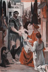 Hector og Andromaque farvel. Illustration af Clement Gontier (1876-1918) til Homeres "Iliaden" (Omero). Paris, Henri Laurens