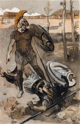 Hectors død: Hector bliver dræbt af Achilles. Illustration af Clement Gontier (1876-1918) til Homeres "Iliaden" (Omero). Paris, Henri Laurens