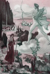 Påkaldelse. Apollons vrede: Præst Chryses påkalder Apollon og siger: "Lad grækerne blive kastet bort af dine pile fra de tårer, de får mig til at udgyde!" . Illustration af Clement Gontier (1876-1918) til Homeres "Iliaden" (Omero). Paris, Henri Laurens