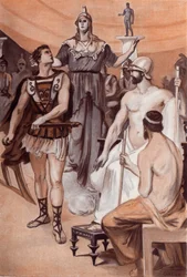 The Querelle of Achilles and Agamemnon: Minerva, der steg ned fra himlen, kom tæt på Achilles og greb ham i håret for at forhindre ham i at trække sit sværd mod Agamemnon. Illustration af Clement Gontier (1876-1918) til Homeres "Iliaden" (Omer)