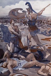 Patrocles død: Hector dræber Patrocles. Illustration af Clement Gontier (1876-1918) til Homeres "Iliaden" (Omero). Paris, Henri Laurens