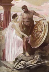 Achilleus-skjoldet skabt af Vulcan. Illustration af Clement Gontier (1876-1918) til Homeres "Iliaden" (Omero). Paris, Henri Laurens