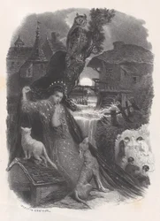 Nat, vignet af pige i 1700-talsdragt, der plukker roser på verso, ca. 1830-65.