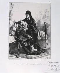 Den fransk-preussiske krig 1870-1871: En såret soldat bliver plejet og får næring. Fra en serie litografier af Clément-Auguste Andrieux om nationalgarderne.
