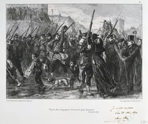 Den fransk-preussiske krig 1870-1871: Slaget ved Buzenval (Mont Valérien) nær Versailles, 19. januar 1871. Nationalgarden marcherer mod slaget og nederlaget. Fra en serie litografier af Clément-Auguste Andrieux om nationalgarderne.