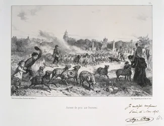 Den fransk-preussiske krig 1870-1871: En fåreflok drives bort for at forhindre, at den falder i preussernes hænder. Fra en serie litografier af Clément-Auguste Andrieux om nationalgarderne.