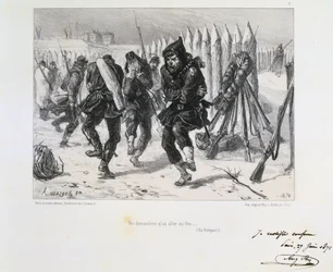 Den fransk-preussiske krig 1870-1871. Belejringen af Paris 19. sept. 1870-28. jan. 1871. Soldater på voldene hopper omkring for at holde varmen. Fra en serie litografier af Clément-Auguste Andrieux om nationalgarderne.