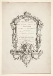 Titelside fra nye trofæer eller kartoucher, der repræsenterer kunst og videnskab