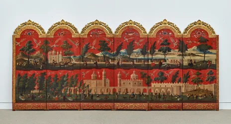 Biombo with Views of Mexico City (olie på rød maki-e-lak på panel, med forgyldt træmontering og linnedbagside)
