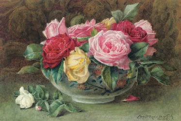 Stilleben med en skål med lyserøde, gule og røde roser, 1883