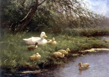 En familie af ænder ved en flod (olie på panel)