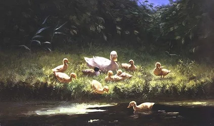 Ællinger ved flodens kant (olie på lærred)