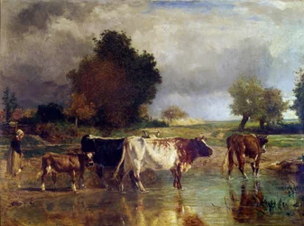 Ko og kalvekød ved dammen eller vandkarret Maleri af Constant Troyon (1810-1865) 1800-tallet søn. 0,78x1,03 m