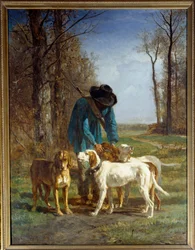 Jægervagter stopper ved hans hunde. Maleri af Constant Troyon (1810-1865)