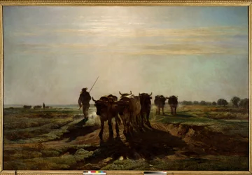Okserne på vej til pløjning, morgeneffekt, 1855. Sol. 2,6 x 4 m. Paris, Musée d
