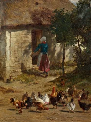 Høns foran en bondegård