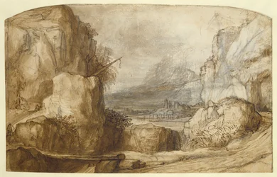 Bjerget landskab (pen, brunt blæk, pensel og kridt på papir)
