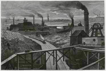 Kulminedrift og terrils (aspekter af contree boraine). Gravering af Constant Meunier, for at illustrere historien "" Belgien" ", af Camille Lemonnier (1844-1913) belgisk forfatter. Udgivet i Le Tour du monde, nouveau journal des voyages, 2. semester 1884, 