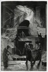 Stålstøbningen på Cockerill-værkerne i Seraing. Gravure af C. Meunier til illustration af fortællingen “Belgien” af Camille Lemonnier (1844-1913), forfatter og kunstkritiker.