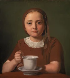 Dansk:  En lille pige, Elise Købke, med en kop foran sig Portrait of a Little Girl, Elise Købke, with a Cup in front of her