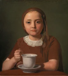 Lille pige, Elise Købke, med en kop foran sig, 1850.