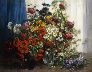 Valmuer, krysantemum, pæoner og andre vilde blomster i glasvaser (olie på lærred)