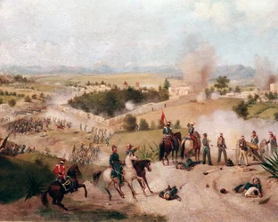 Amerikansk-mexicansk krig: udsigt over slaget ved Molino del Rey den 08/09/1847 - (Mexicansk-amerikansk krig, udsigt over slaget ved Molino del Rey) Detaljemaleri af Constantino Escalante (1836-1868)
