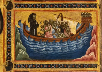 Bardi St. Francis altertavle og tyve historier om hans liv, The Bardi Chapel, detalje af den hellige, der reddede en båd, som havde forladt Ancona