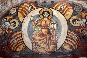 Koptisk kunst: „Kristus i majestæt (i herlighed)“. De fire evangelisters symboler (tetramorf: Englen, Ørnen, Tyren og Løven). Fresko, der udsmykker en niche, 5.-6. århundrede. Kairo, Det Koptiske Museum, Egypten