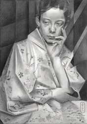Den eftertænksomme kimono-pige