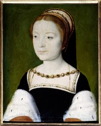 Portræt af Madeleine af Frankrig (1443-1495), ældste datter af Frans 1., Skotlands dronning, Jakob 5.s første hustru. Maleri af Corneille de Lyon (Corneille de La Haye) (1500/1510-1574). Mål: 0,22 x 0,31. Versailles, Musée du Château