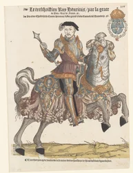 Portræt af Henrik II af Frankrig i rustning til hest, til højre