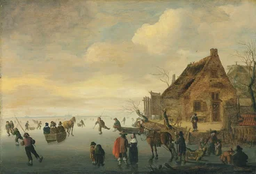 Et vinterlandskab med hestetrukne slæder og figurer på skøjter på en frossen sø ved en landsby.