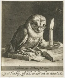 Ugle med briller og bøger. Omkring 1625