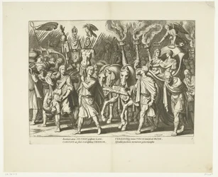 Triomfwagen van Karel V en Ferdinand, na de bevrijding van Wenen van de Turken, ca. 1532, nr. 7 Scener uit het leven van Karel V (serietitel) Kejser Karl V.s liv i meget smukke dybtryk, indgraveret på design af den berømte A. Tempest