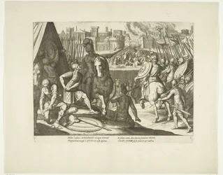 Verovering af Rom, 1527, nr. 2 Scener uit het leven van Karel V (serietitel) Kejser Karl V.s liv i meget smukke dybtryk, indgraveret på den berømte A. Tempestes design, af to af de dygtigste mestre J. de Gein & C. Boel. Ved