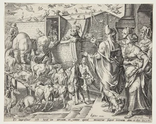 Noah, hans familie og dyrene, der går ombord på arken