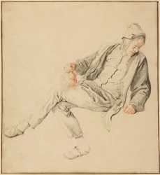 En siddende bonde kigger ned mod højre og holder en kande