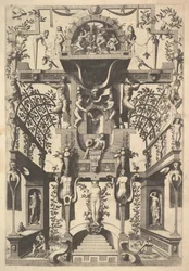 Fantastisk arkitekturstruktur med stropper og to pergolaer og en lille scene med Vu..., 1557.