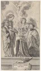 En ukendt helgen (Ignatius af Loyola?) knæler foran Maria med barnet