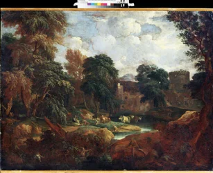""Dal i Flandern om sommeren med flok køer nær en flod"" Maleri af Constantinus Cornelis Huysmans (1648-1727) Mikhail Kroshitsky Kunstmuseum, Sevastopol (Sevastopol) Ukraine