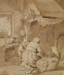 Stuestue med bonde, vugge og barn, ca. 1654 (pen og blæk og pensel over blyant på papir)