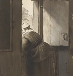 En kvinde, der læner sig op ad bunddøren, efter Rembrandt van Rijn