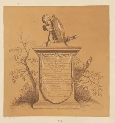 Stående putto på et monument med dedikation til Jonas Witsen