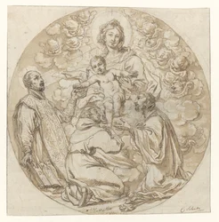 Maria med barnet tilbedt af den hellige Ignatius af Loyola, den hellige Frans Xavier og en hellig munk