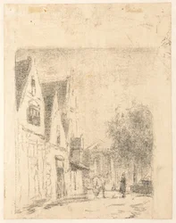 Udsigt over en gade med en hest og en mand